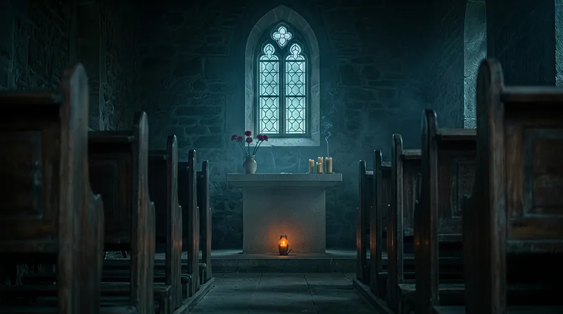 Inside a small stone church at dusk: dark wooden pews, a vase of carnations on the altar and a lit lantern