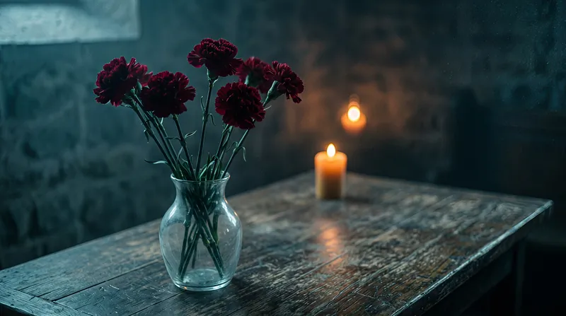 Red carnations in a glass vase on a dark wooden table, with a lit candle in the background